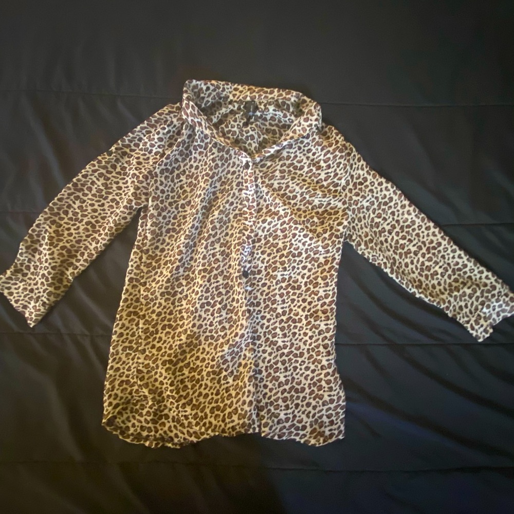 Semi-Sheer Leopard Cheetah Print Button Up Blouse - Picture 2 of 6